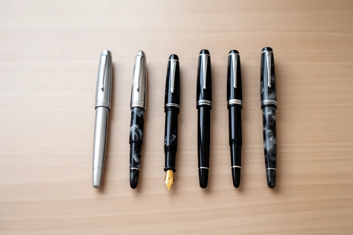 Fountain pen laid beside several other fountain pens for size comparison
