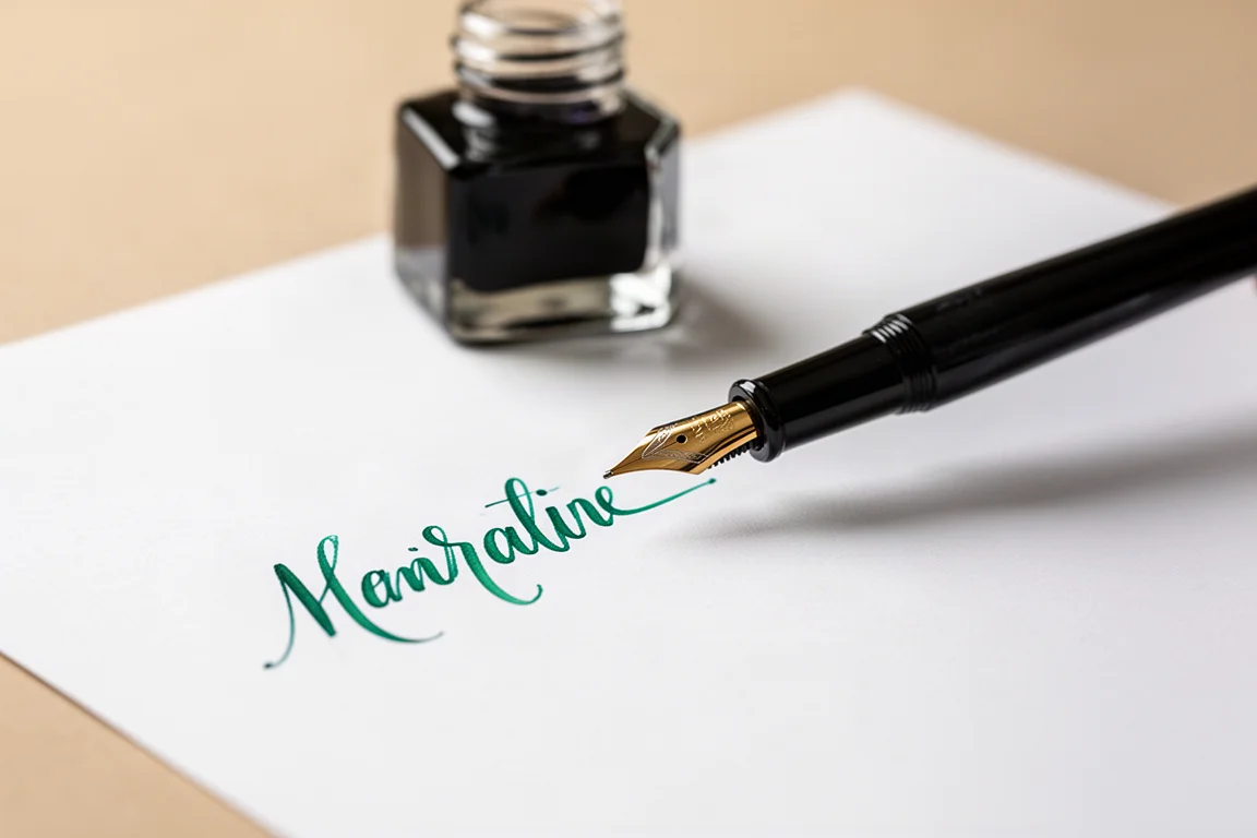 Fountain pen writing flowing green-blue ink on white paper