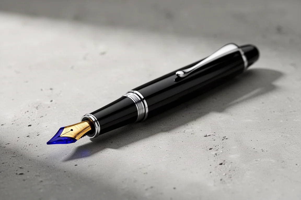 Black resin fountain pen with gold nib and blue feed on grey surface
