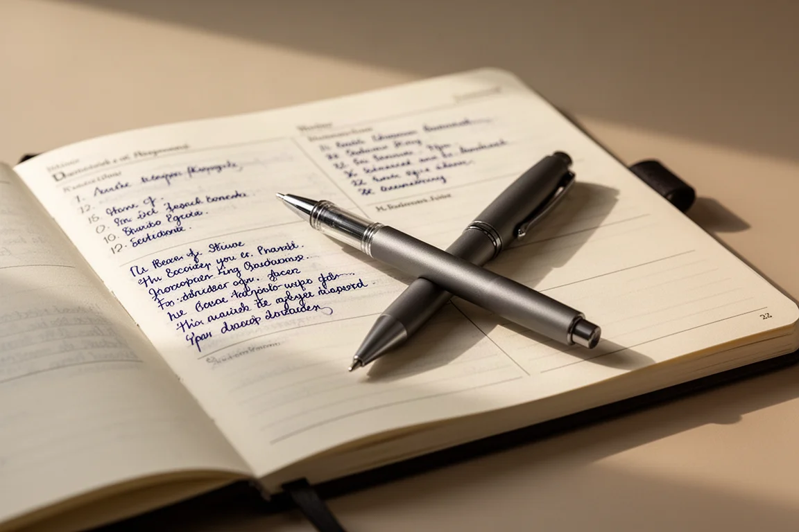 Anotações à mão em um planner com uma caneta elegante descansando ao lado