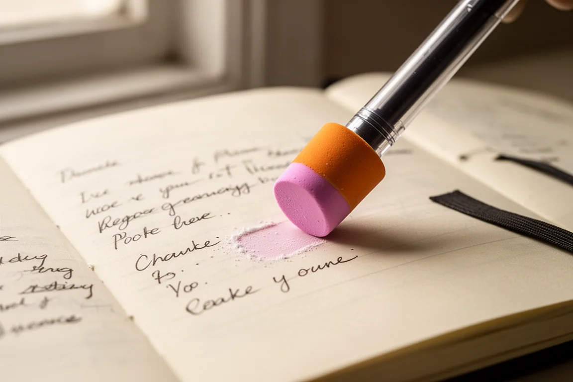 Um botão borracha sendo pressionado sobre um texto escrito à mão em uma página de caderno