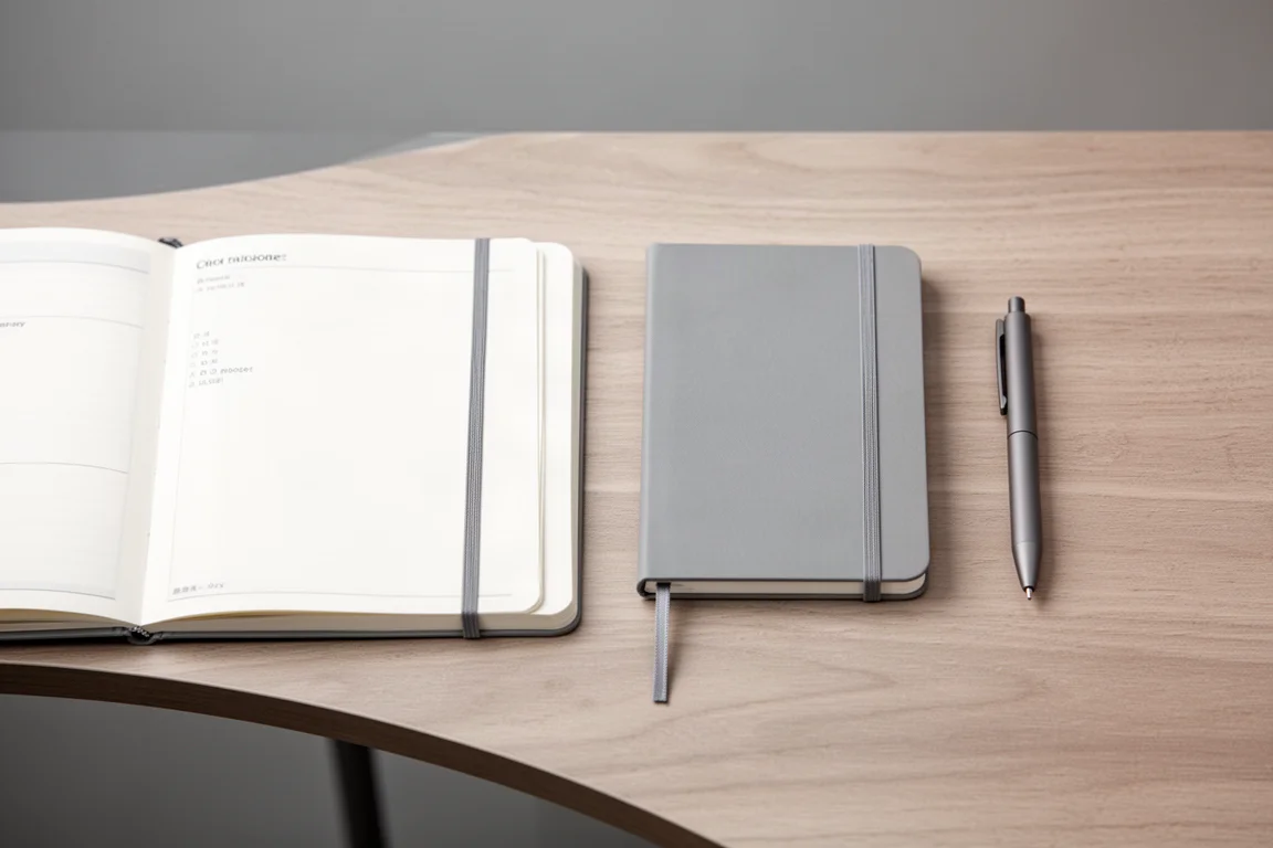Mesa organizada com caderno, caneta e planner para planejamento diário
