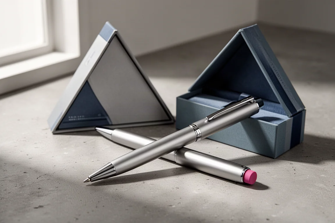 Premium matte ballpoint pen with eraser knob beside a triangular gift box