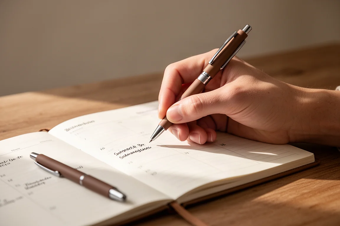 Main écrivant un emploi du temps compact dans un agenda papier avec un stylo à pointe fine