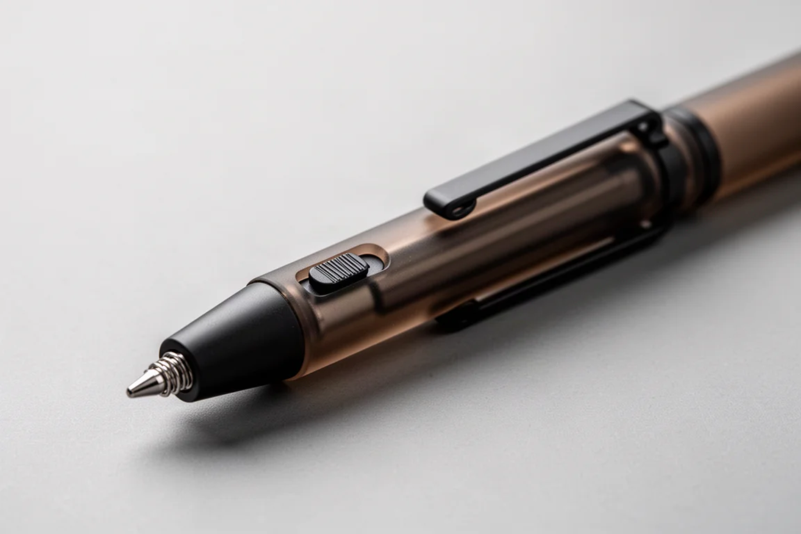 Vue détaillée du corps d'un stylo multi-couleurs montrant un levier coulissant et le mécanisme du clip