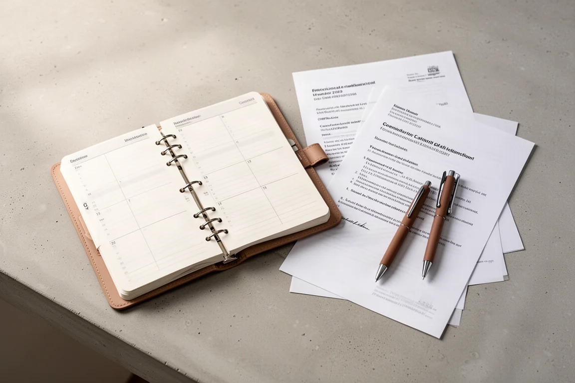 Agenda, documents et stylo disposés à plat sur un bureau en lumière naturelle douce