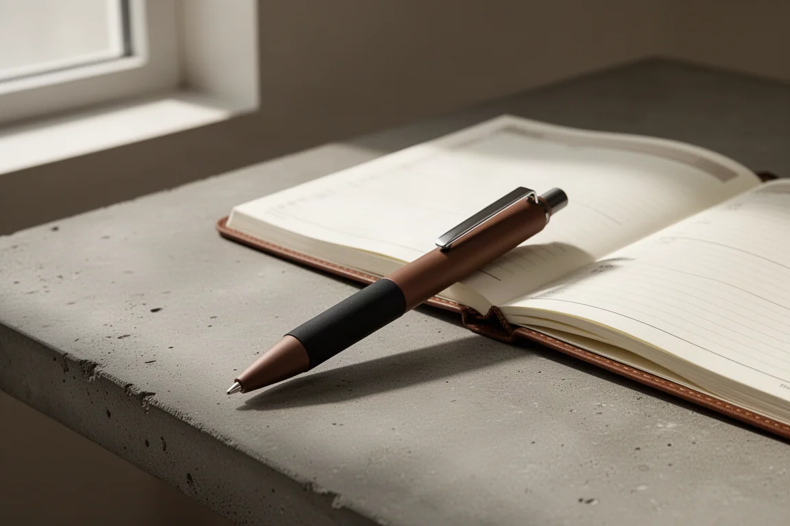 Multi penna sottile color mocha con impugnatura in gomma nera appoggiata accanto a un planner aperto