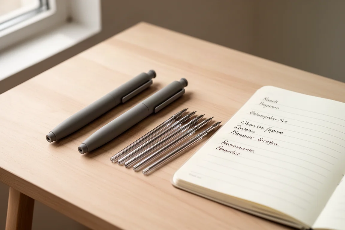 Two retractable pens and several refills laid out on a writing desk with a notepad