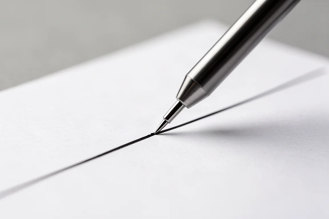 Close-up of a needle-tip pen refill writing smoothly on white paper