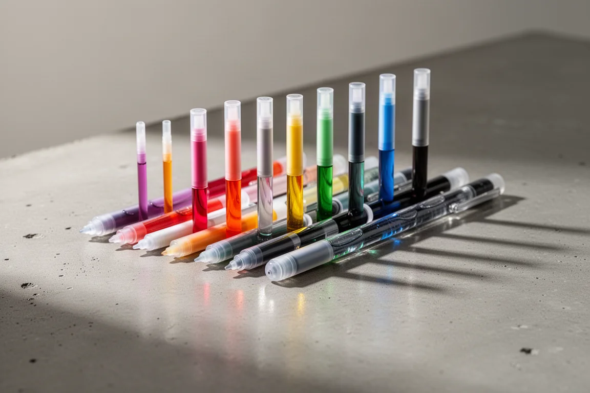 A row of colorful gel pen refills arranged on a neutral surface