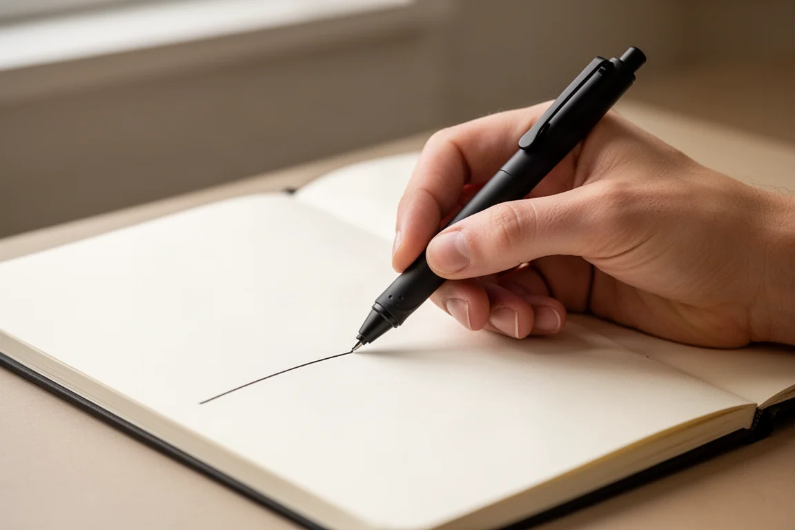 Hand writing with a retractable pen on a page in soft daylight