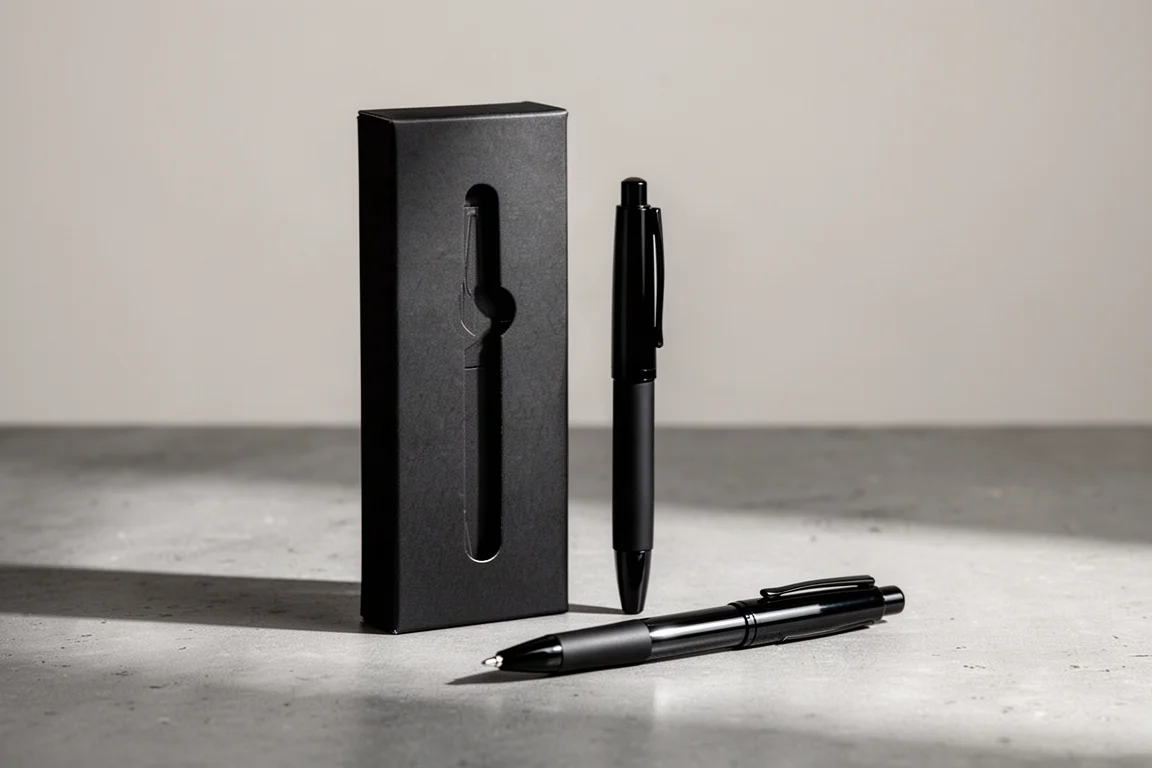 Stylo rétractable tout noir dans son emballage minimaliste noir sur un bureau