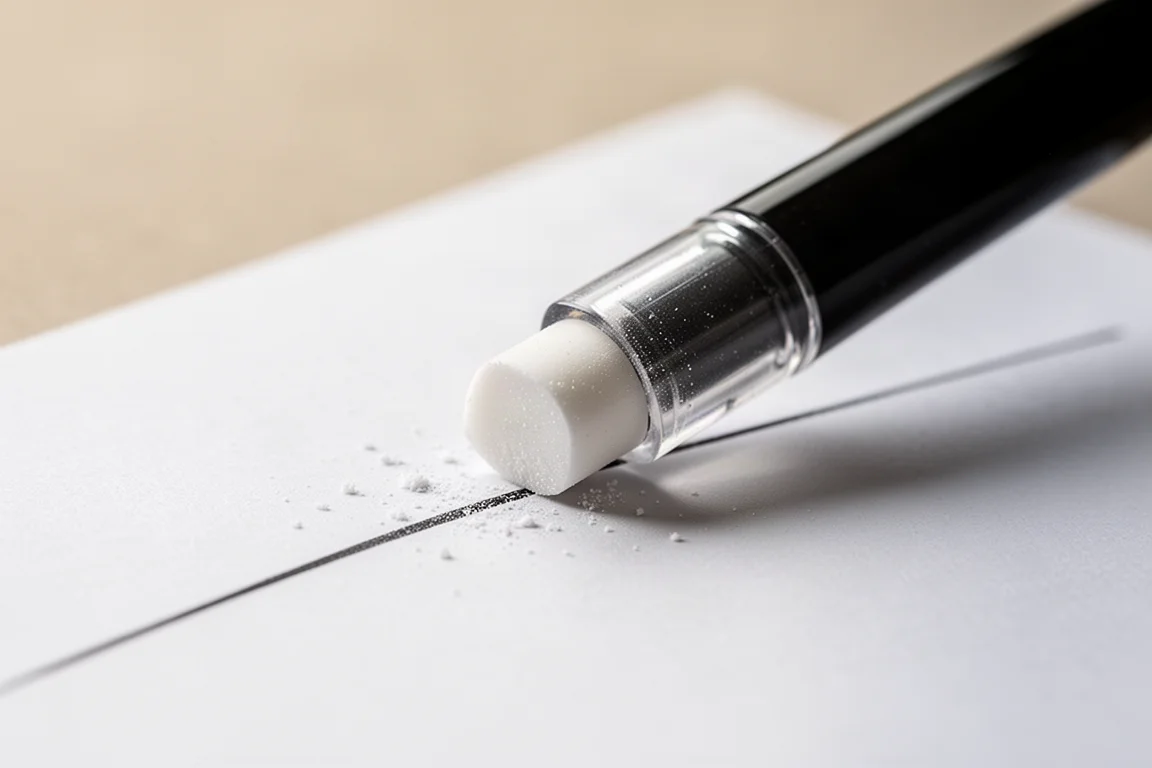 Gomme transparente au bout d'un stylo effaçant un trait d'encre semblable au crayon