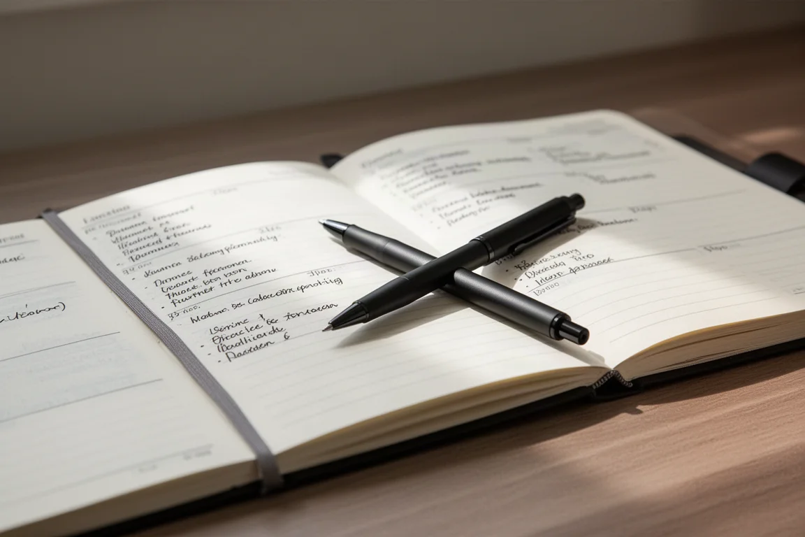 Agenda ouvert avec des notes manuscrites à côté d'un stylo noir