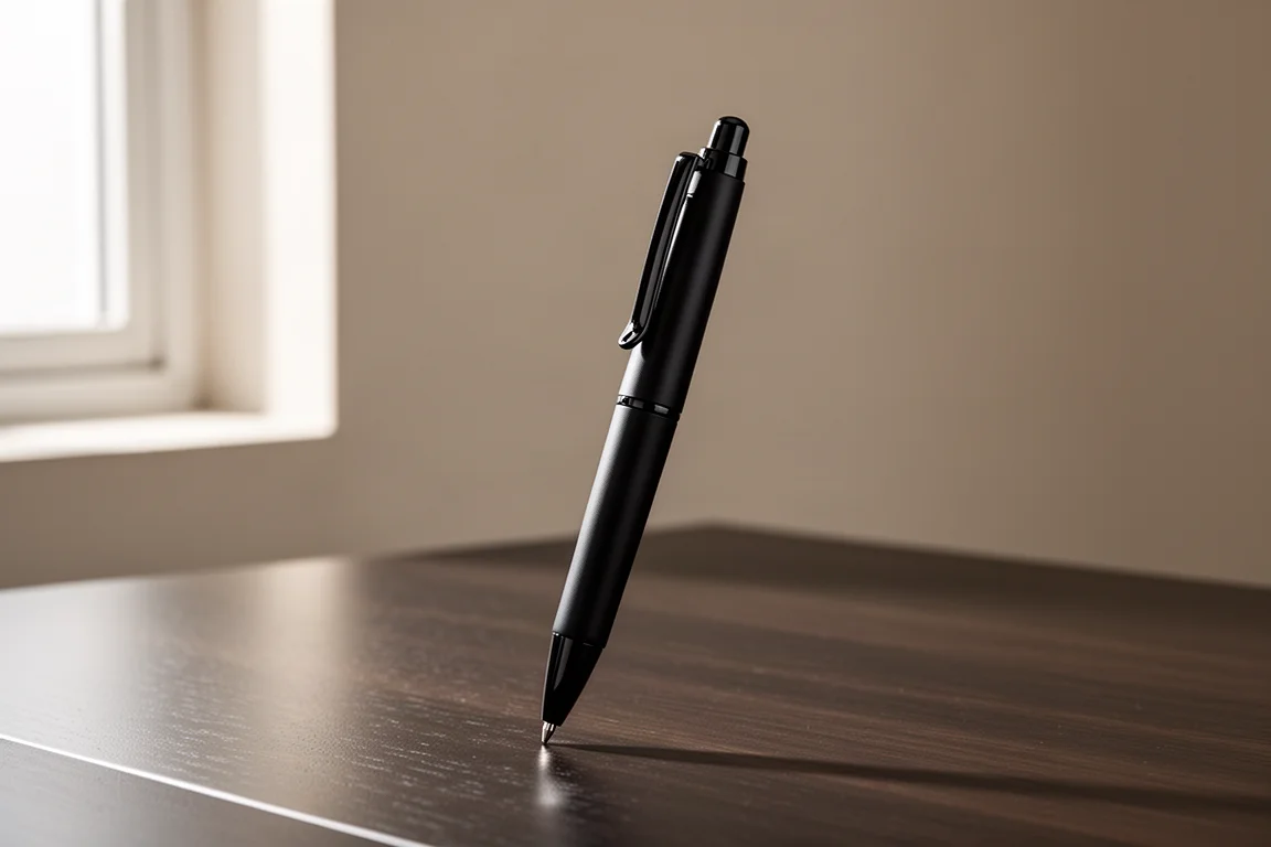 All-black retractable erasable gel pen on a dark wood desk
