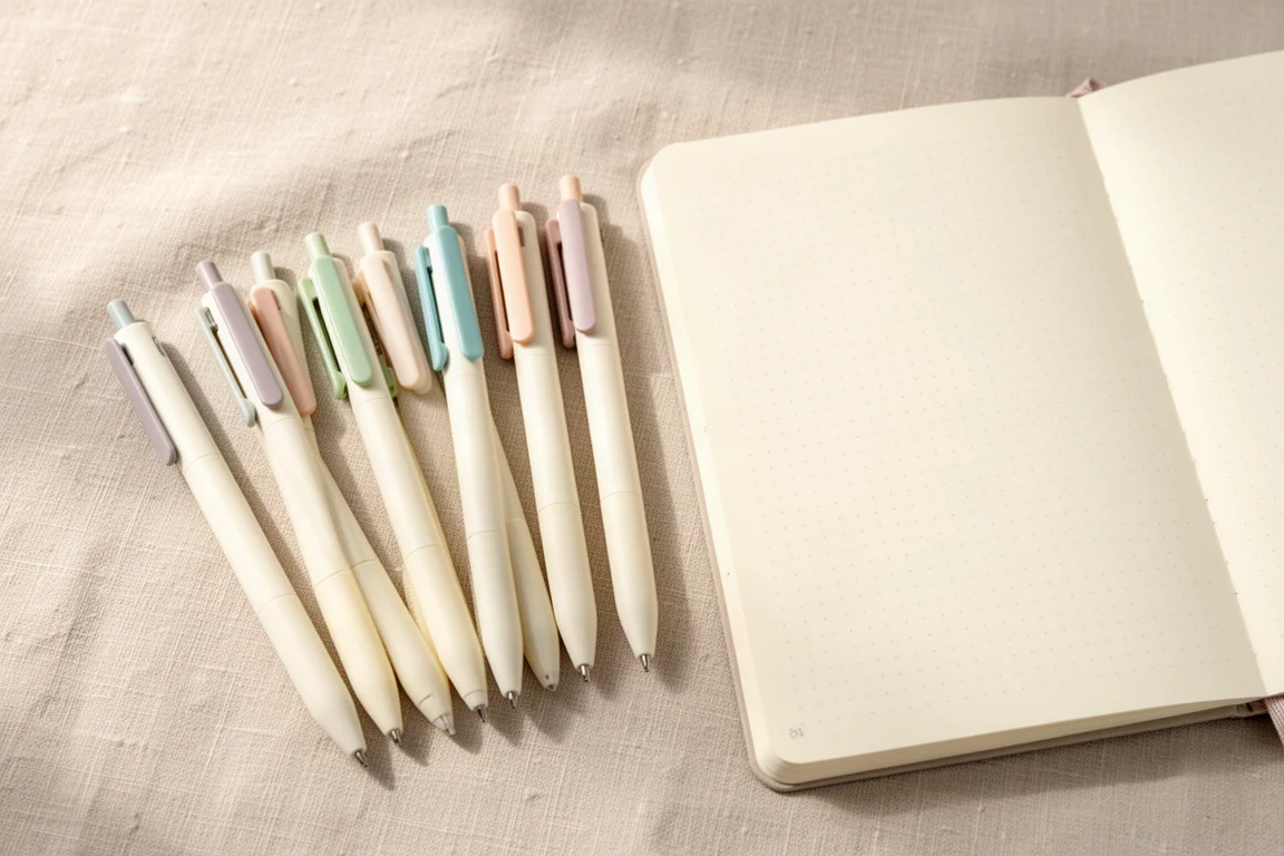 Reihe pastellfarbener Gel-Pens neben einem gepunkteten Journal angeordnet