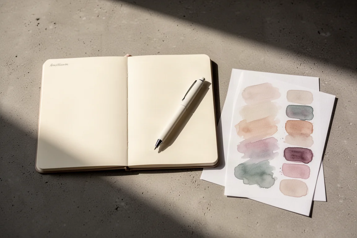 Freihändige Flat-Lay-Aufnahme von Journaling-Werkzeugen auf einem neutralen Schreibtisch