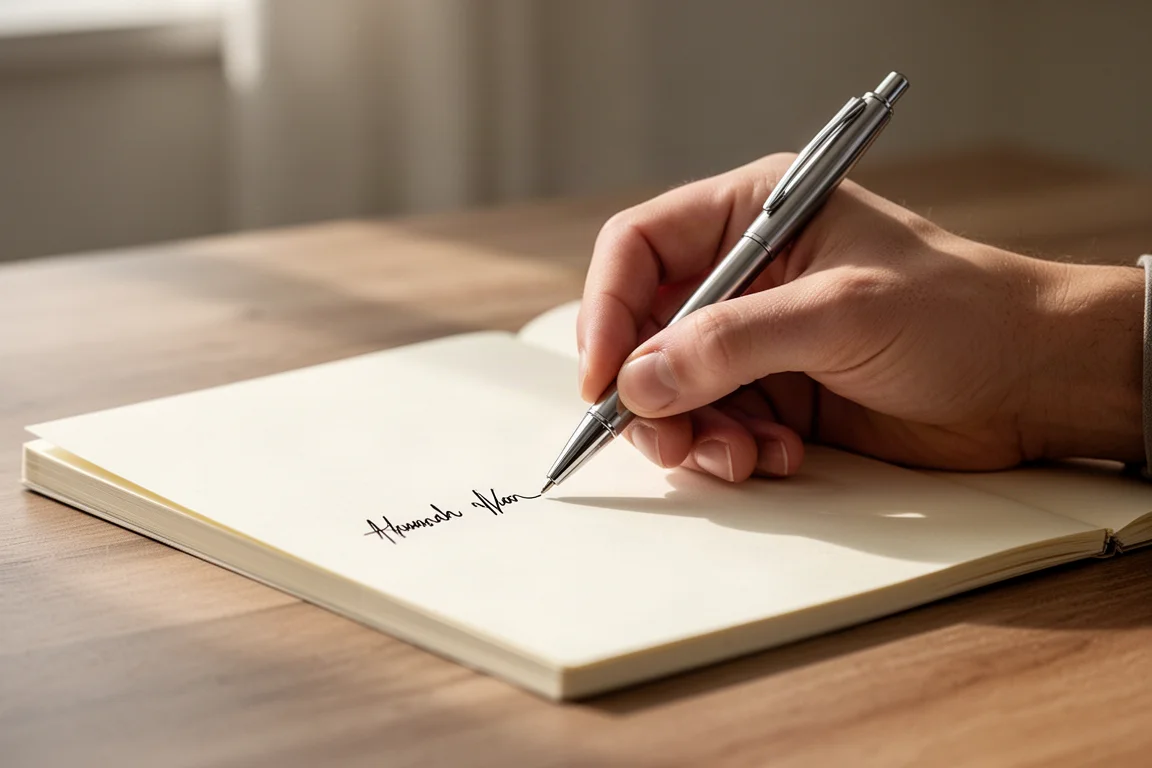 Mano che scrive fluidamente su carta crema di un quaderno con una penna a sfera argentata