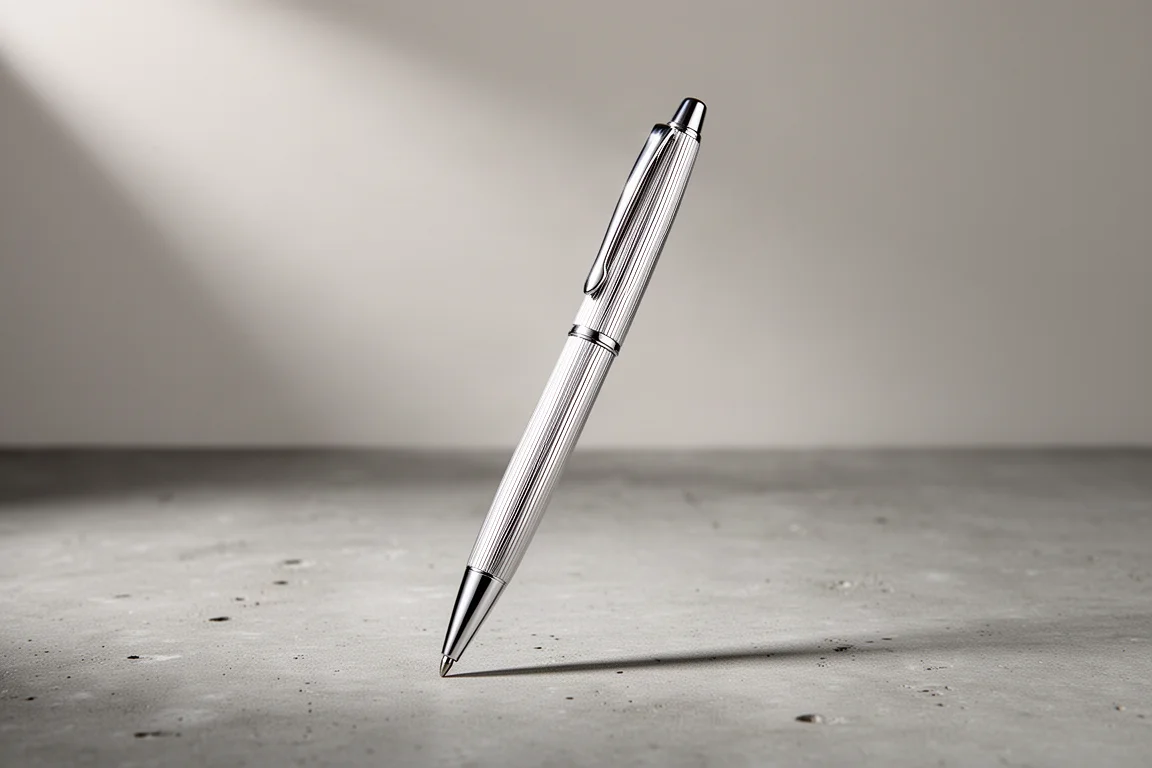Sterling silver ballpoint pen with vertical engraving on a concrete surface