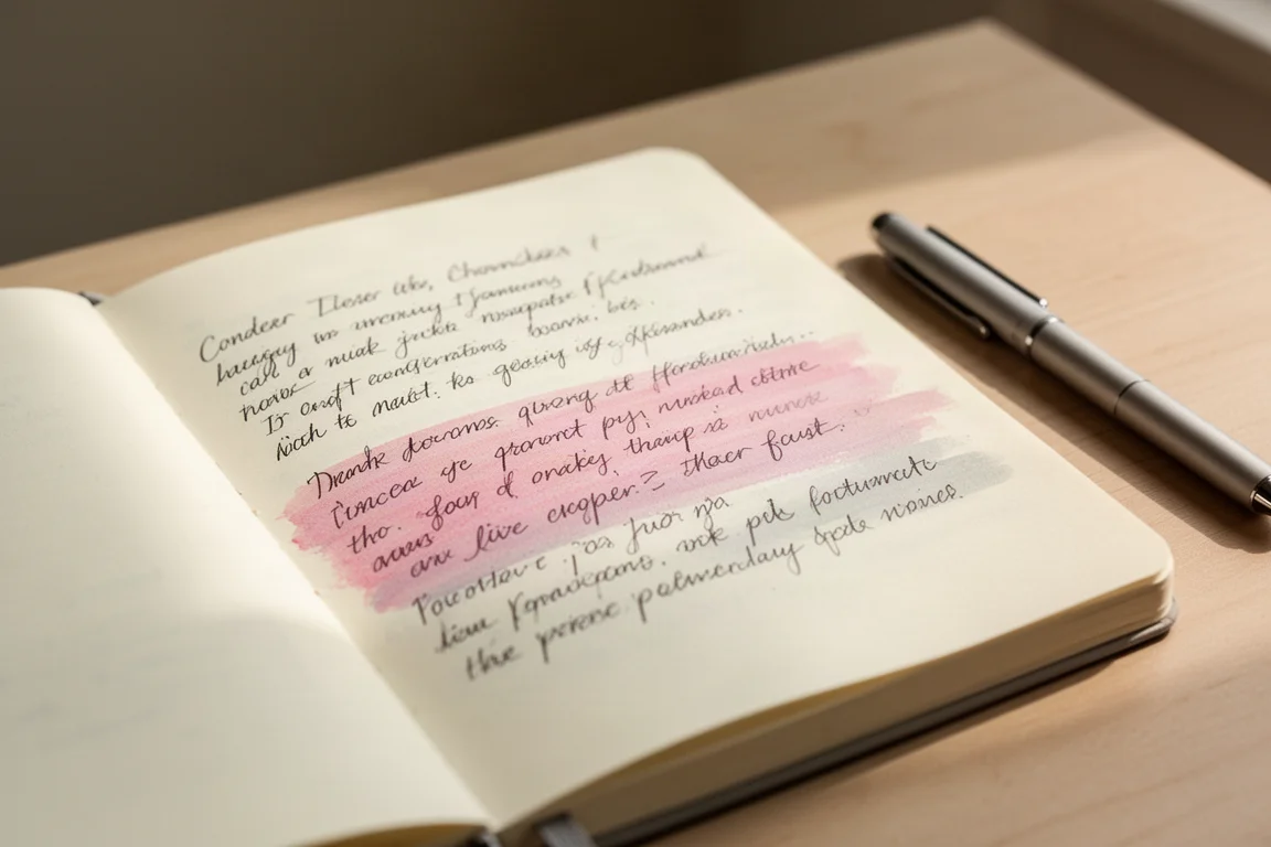 Appunti scritti a mano su un quaderno che passano da un colore pastello a un altro dopo lo sfregamento