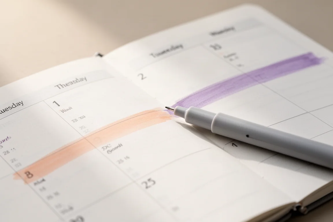 Punta del marker che evidenzia una pagina di agenda con una transizione di colore dal pesca al lavanda