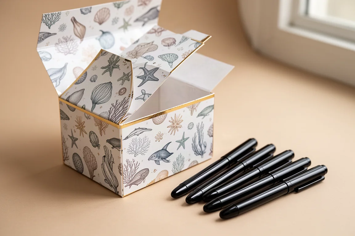 Geïllustreerde cadeaubox met gouden rand met zes gedecoreerde gelpennen