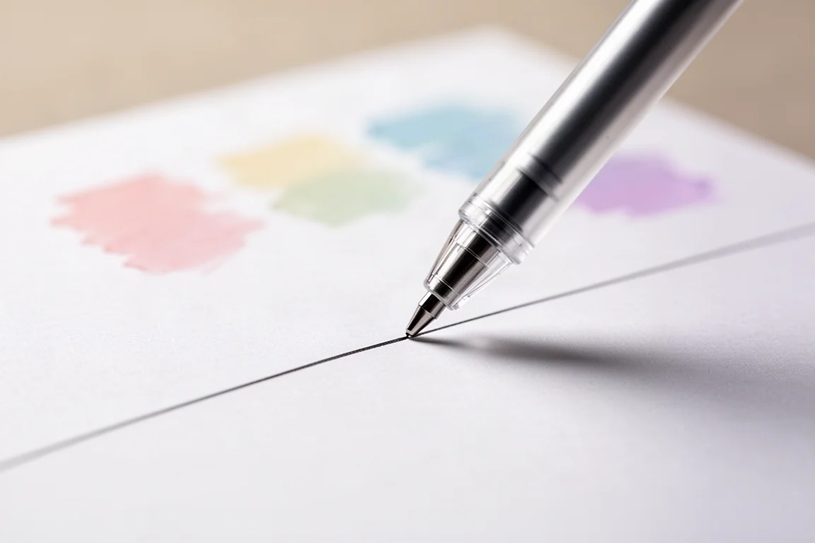 Close-up van een gelpenpunt die een soepele dunne lijn op papier tekent