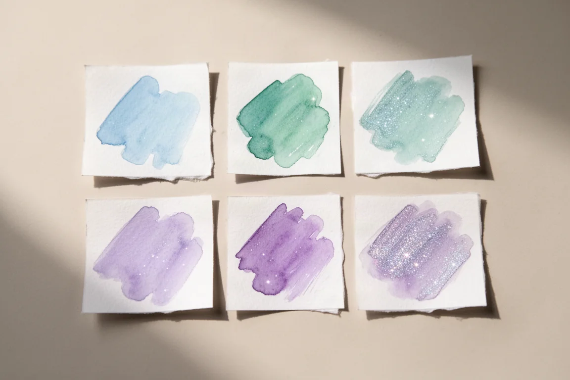 Zes pastelkleurige inktstalen op wit papier, van bovenaf gefotografeerd