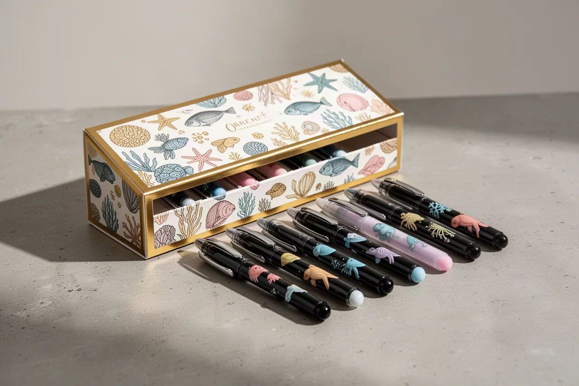 Illustrated gift box with gold border containing six decorated gel pens