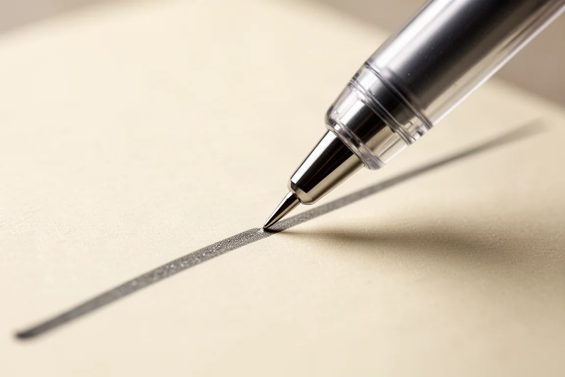 Zbliżenie na cienką igłową końcówkę długopisu piszącą gładką linię tuszu na papierze
