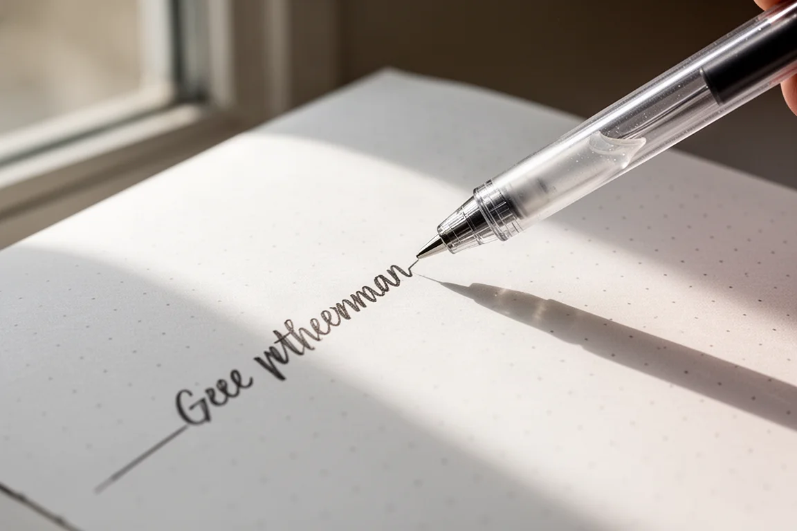 Żelowy piszący na grubym papierze w kropki z ostrymi, czystymi liniami tuszu
