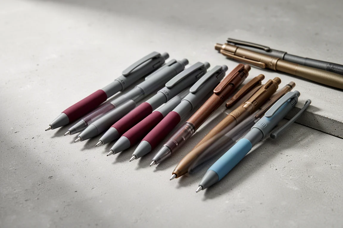 Sechs glänzende Gel-Pens neben fünf gedeckten Vintage-Gel-Pens auf einer Betonfläche