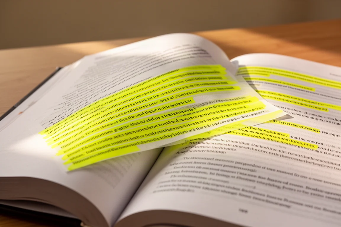 Apuntes de estudio resaltados con líneas rectas amarillas sobre texto impreso
