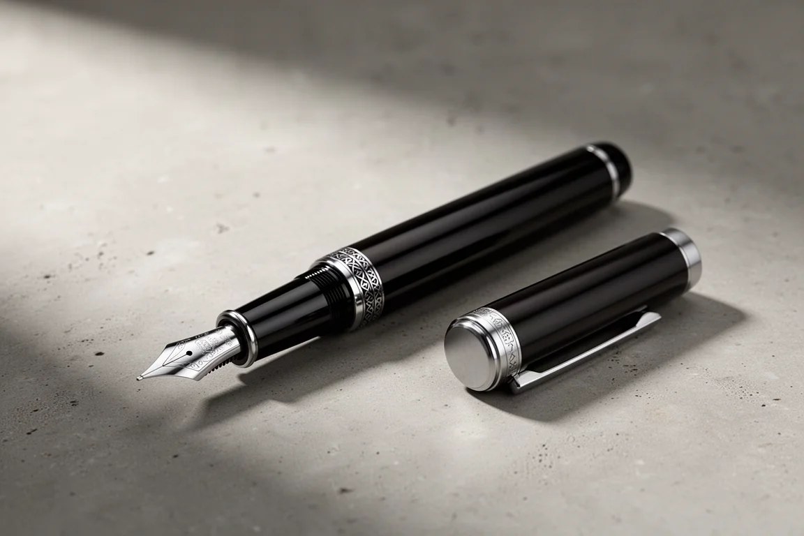 Slim black fountain pen with steel nib on a matte concrete surface