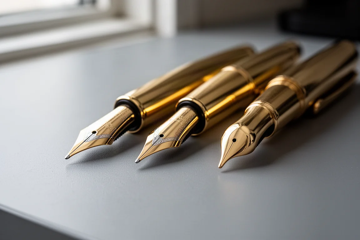 Three gold fountain pen nibs laid side by side on a neutral surface