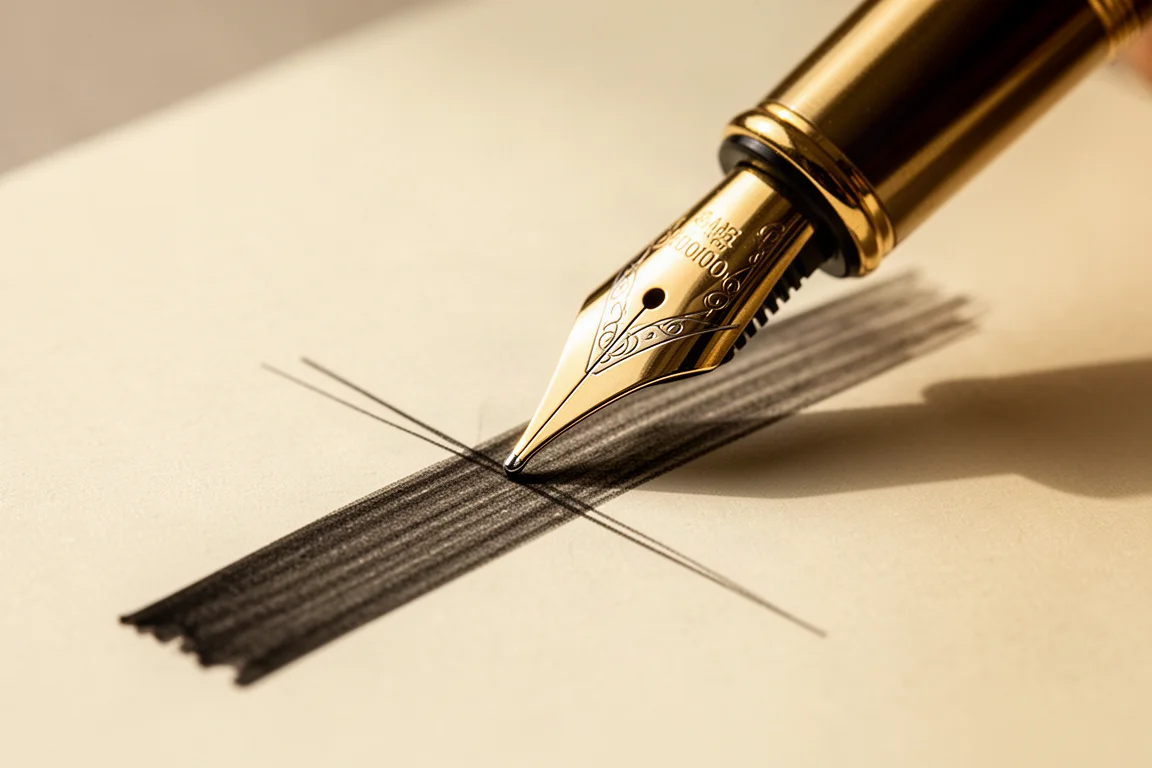 Close-up of a fountain pen nib touching paper with a shaded ink stroke