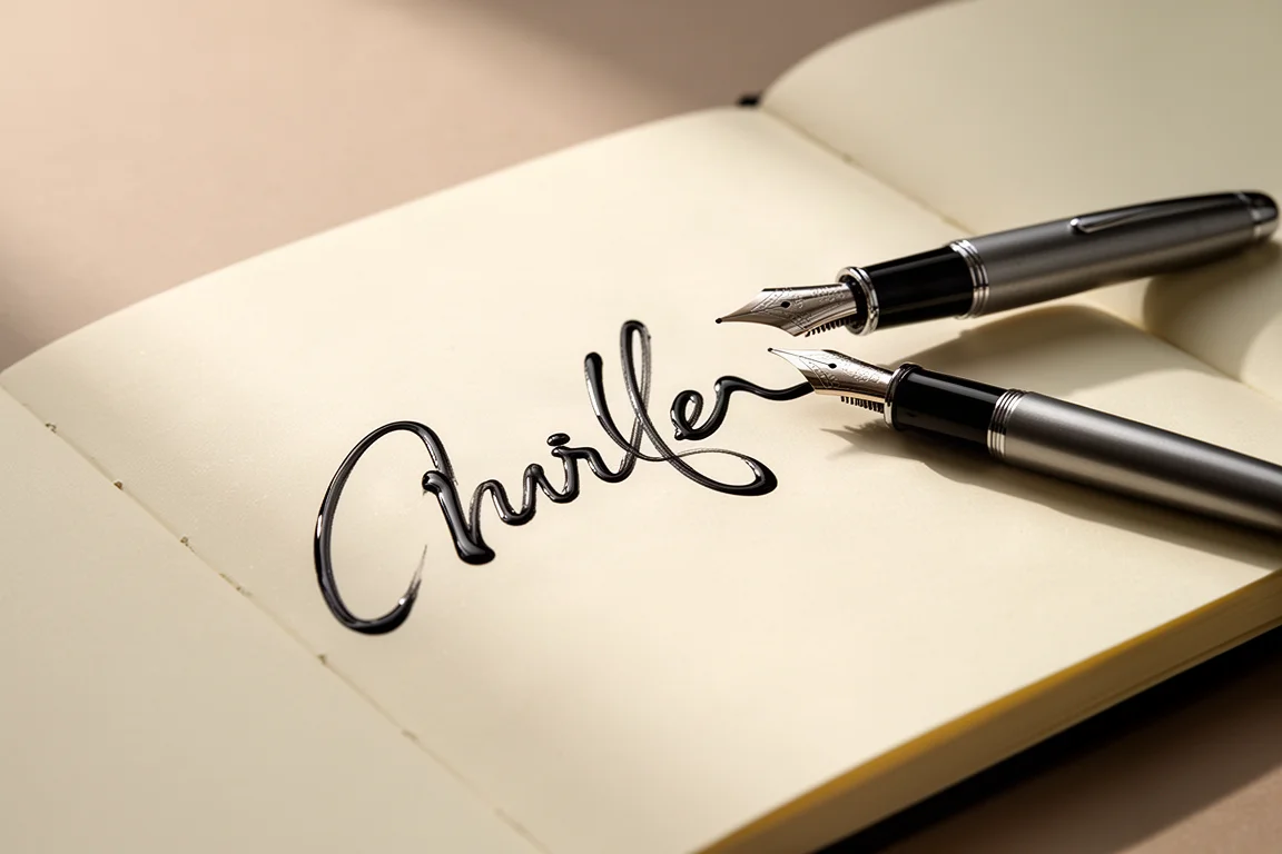 Fountain pen writing a smooth wet signature across a notebook page