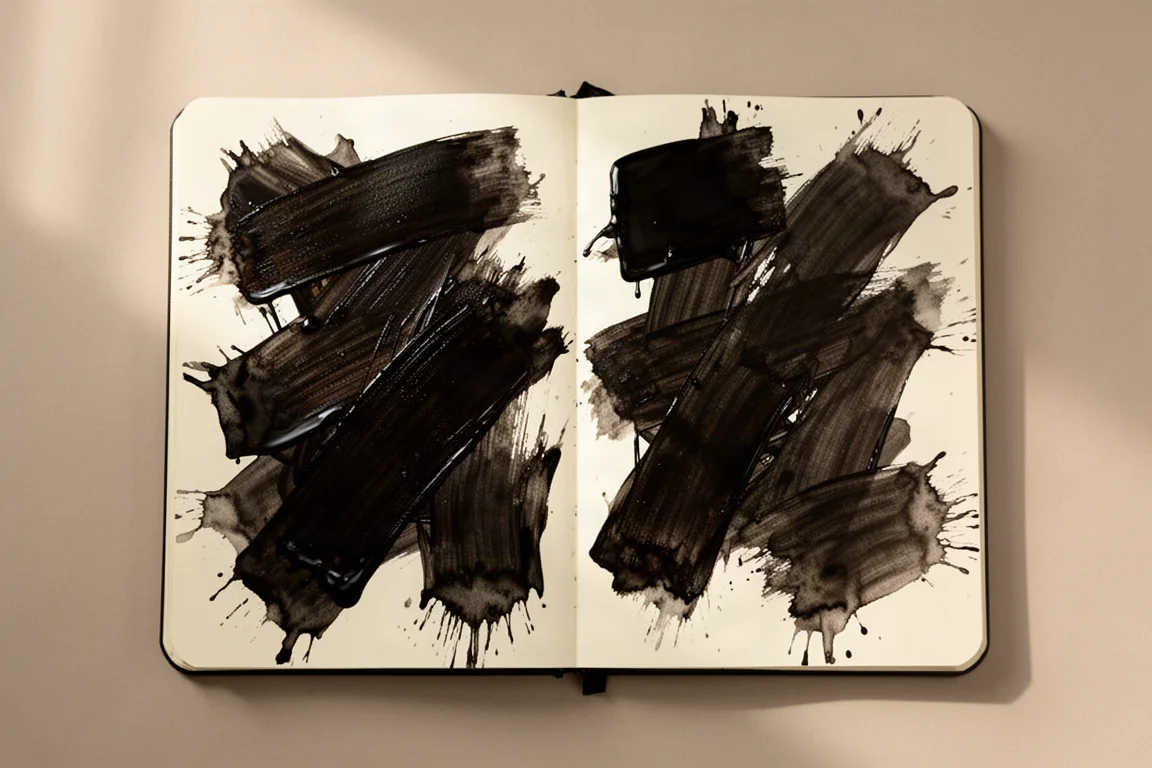 Thick wet ink strokes and ink smears on a Tomoe River style notebook page