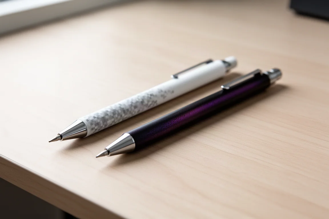 Two mechanical pencils with patterned white and black-purple barrels side by side