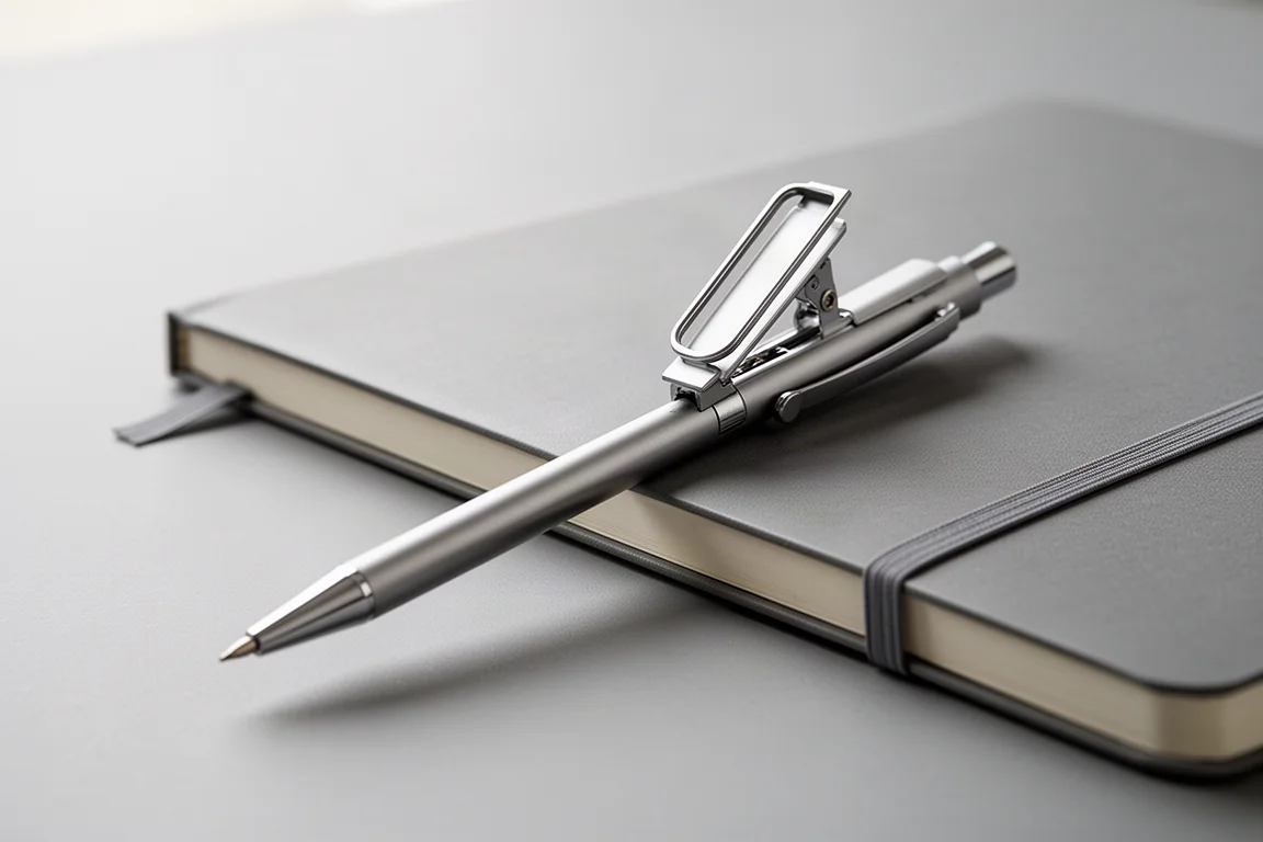 Mechanical pencil with clip open, resting on the edge of a notebook