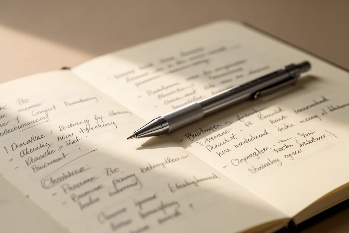 Hand-adjacent view of a mechanical pencil resting on handwritten notes in a notebook