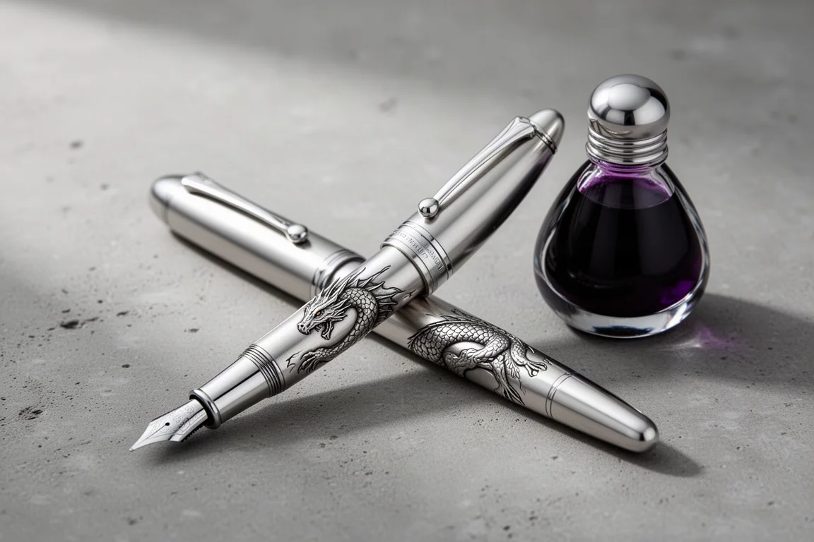 Penna stilografica in argento sterling con grafica in rilievo accanto a un flacone di inchiostro viola