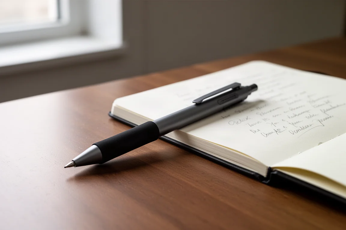 Dark grey mechanical pencil with rubber grip resting on a wooden desk
