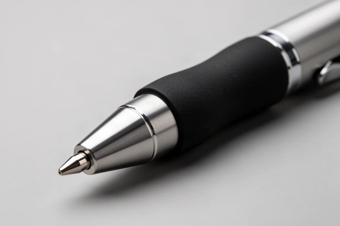 Close-up of a pencil grip section showing rubber texture and metal tip