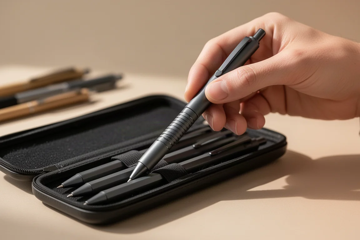 Hand rotating the grip barrel of a mechanical pencil to lock the shaker mechanism