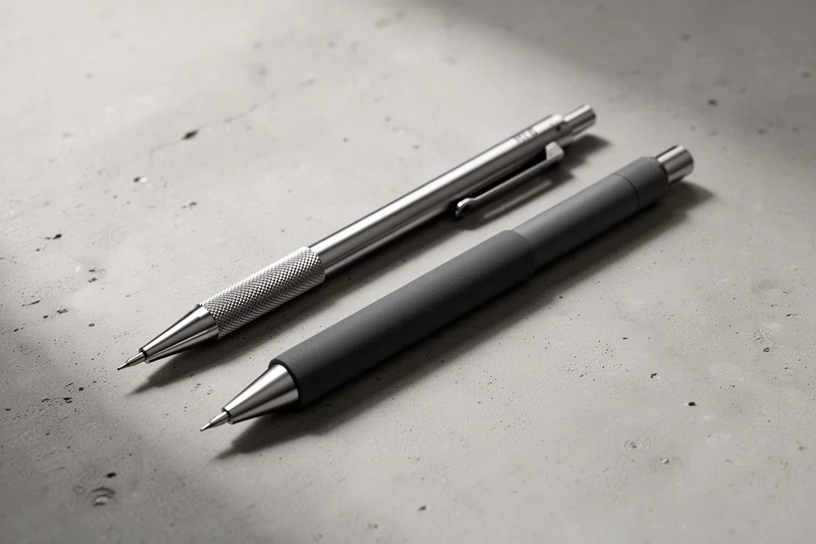 Drafting-style mechanical pencil and rubber-gripped pencil side by side on a desk