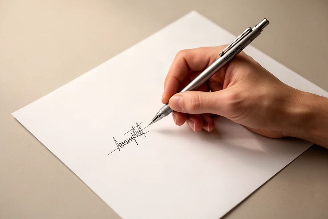 Mão escrevendo linhas finas e organizadas com uma lapiseira 0.3mm no papel