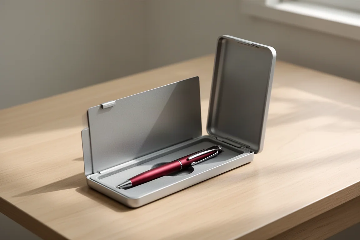Étui vertical pour stylo avec le couvercle ouvert à plat, présentant un stylo bille à l'intérieur
