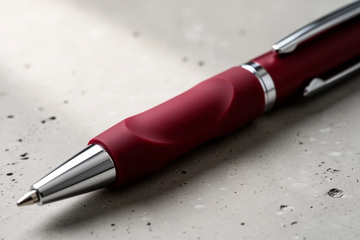 Gros plan sur le grip en résine uréthane d'un stylo bille rouge avec des accents chromés