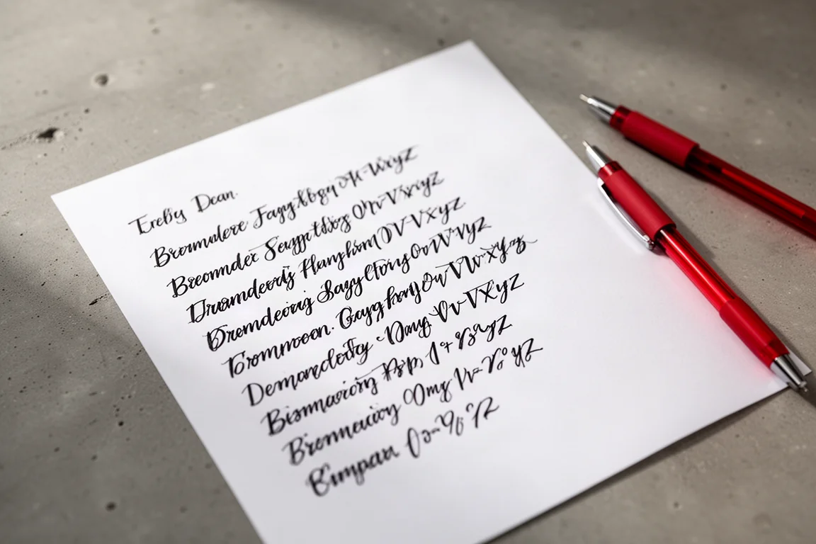 Test d'écriture sur papier brut avec des traits d'encre foncée et fluides